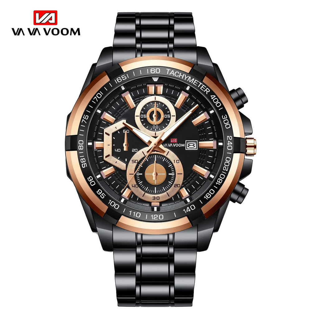 VA VOOM Mens Military Style Quartz Watch Fashion Rose Gold 46mm Large Dial Sports Leather Casual Mens Gift