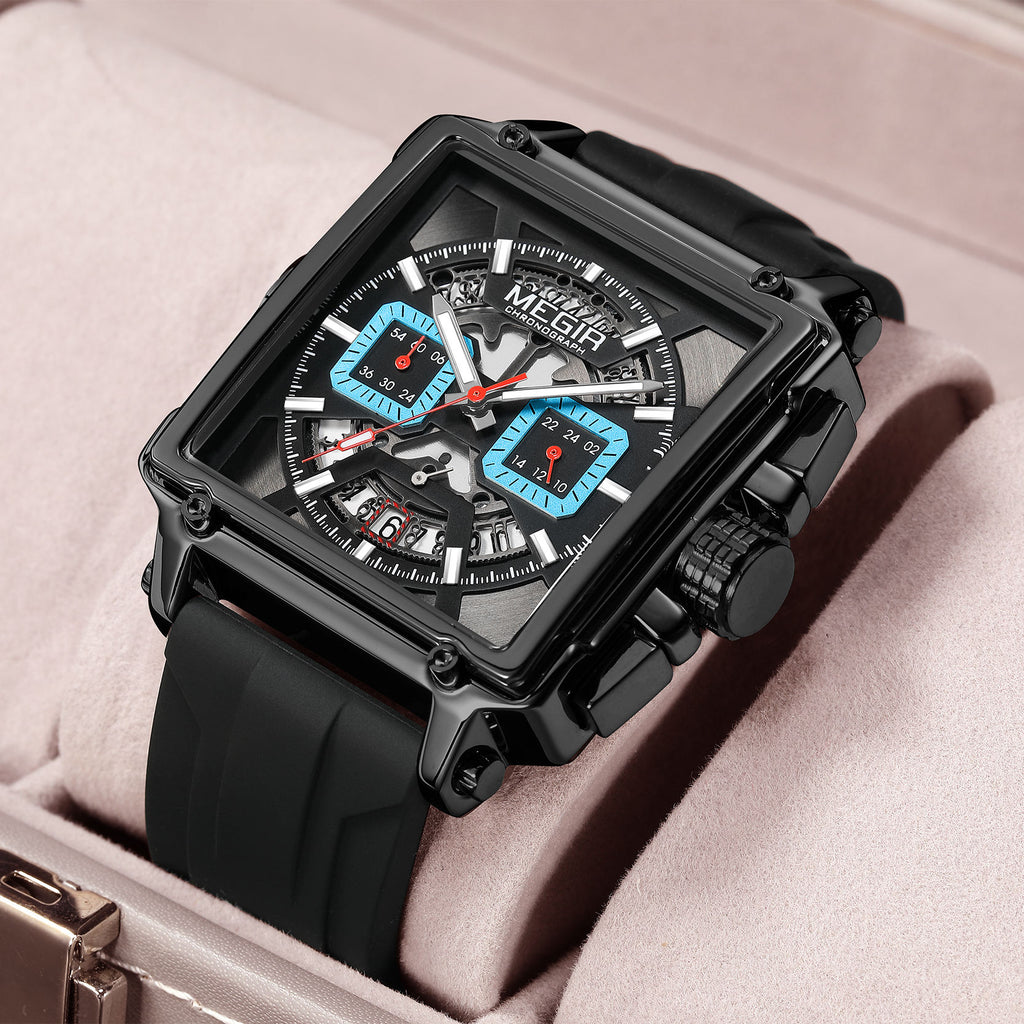 Men Elegent Modern Square Chronograph Watch with Open Skeleton Dial.