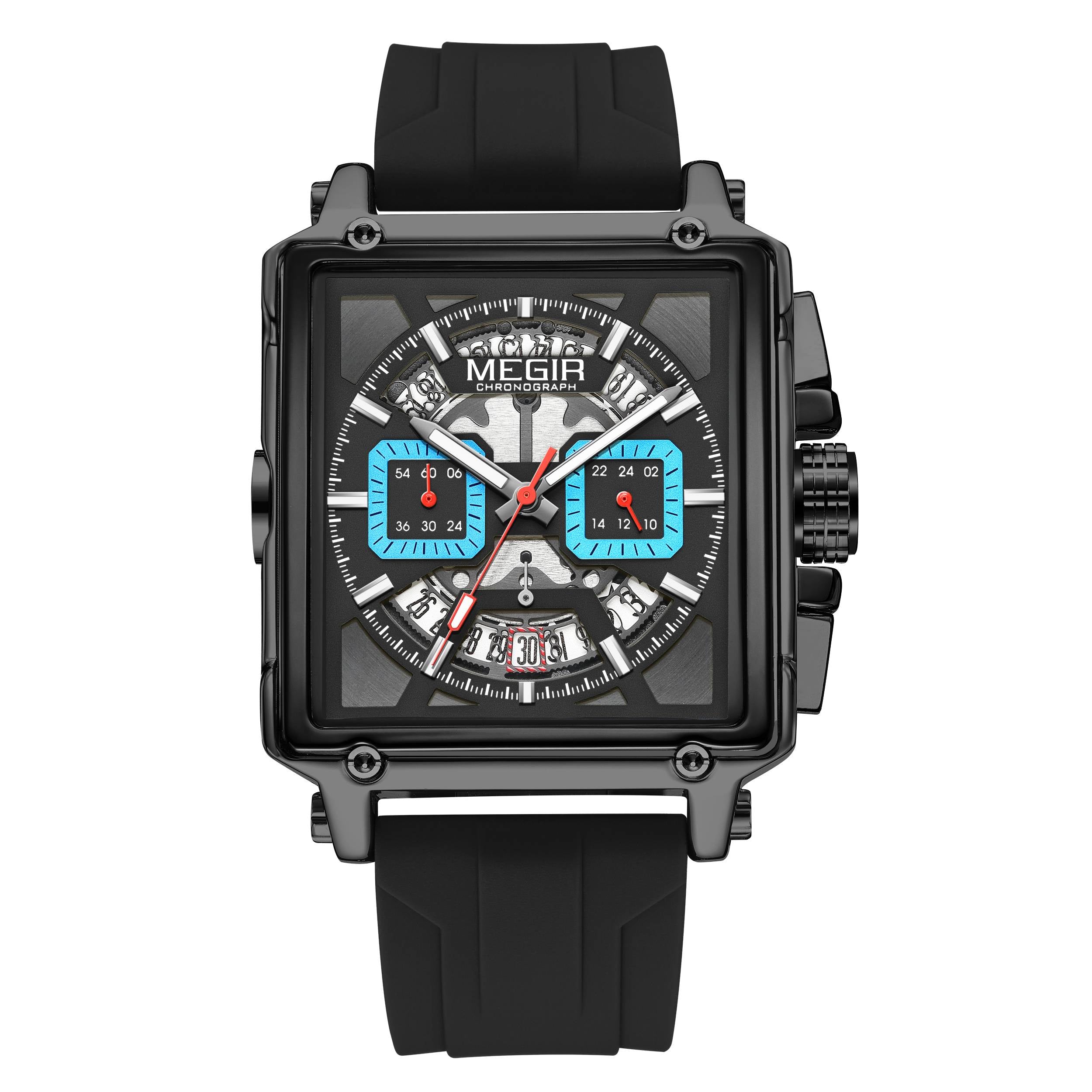 Men Elegent Modern Square Chronograph Watch with Open Skeleton Dial.